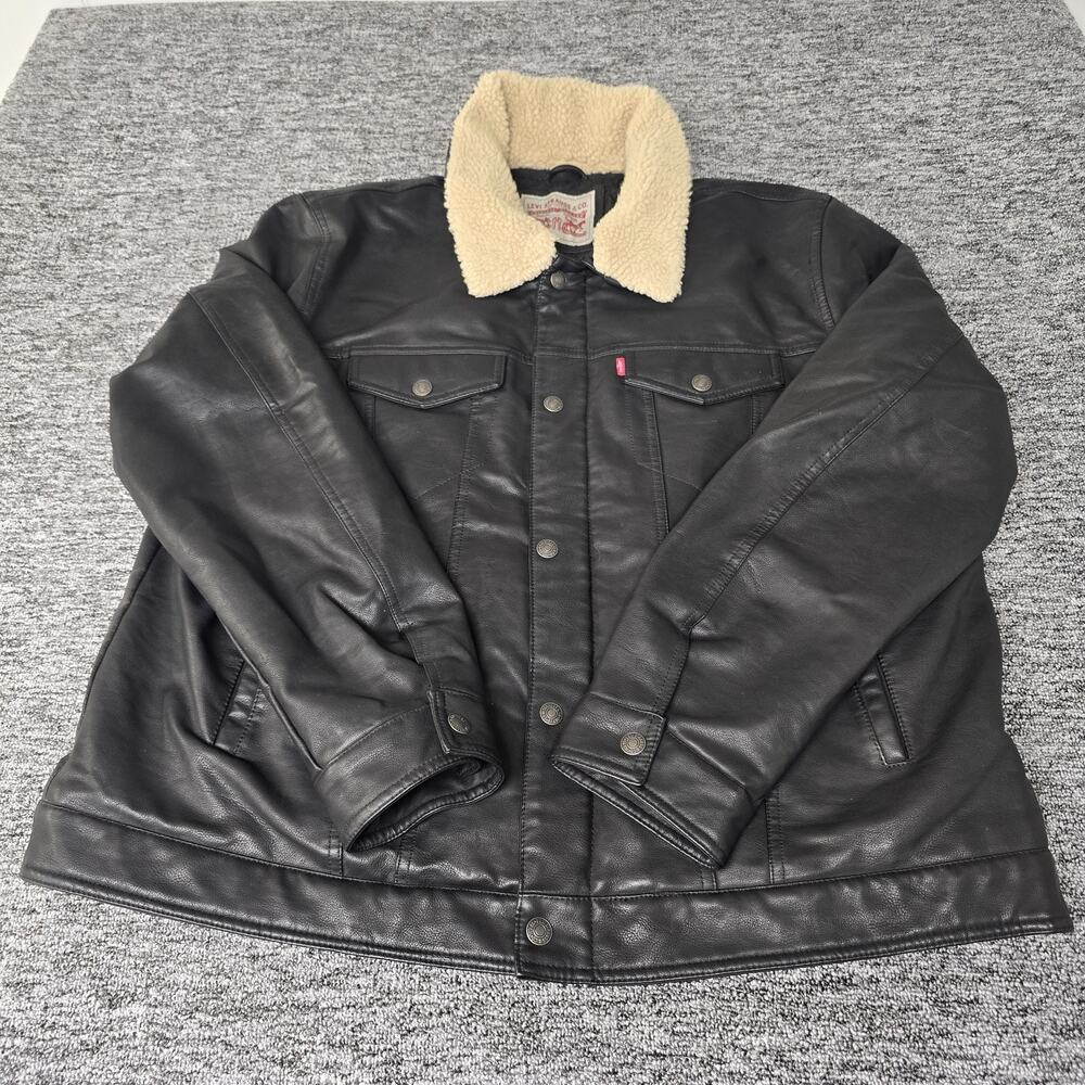 Levi's Faux Leather Trucker Jacket Men's XXL Black Sherpa Collar Full Zip & Snap